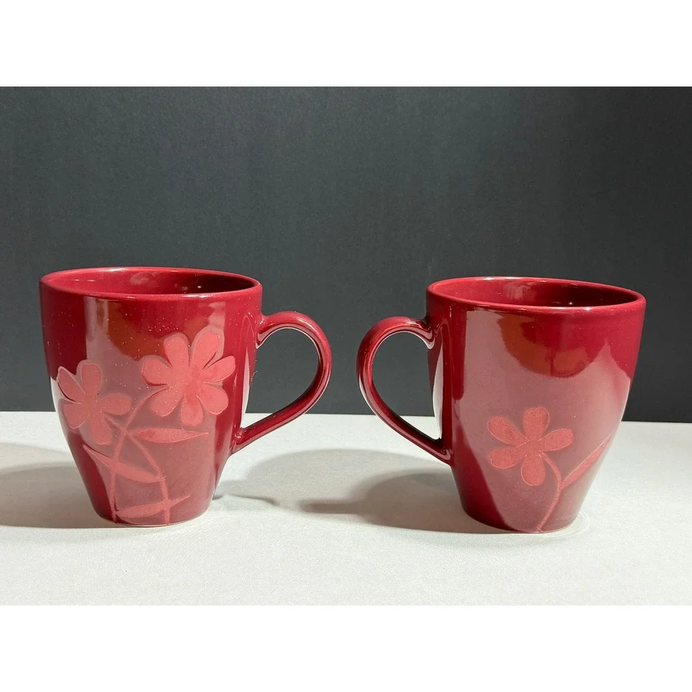 Pier 1 Red Floral Embossed Stoneware Coffee Mugs Set of 2 Deep Red Burgundy